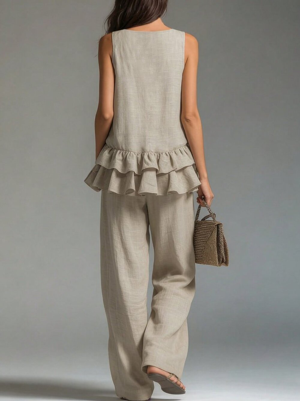 Khaki Boho Women's Ruffle Hem V-Neck Top And Loose Pants Set - Picture 2 of 6